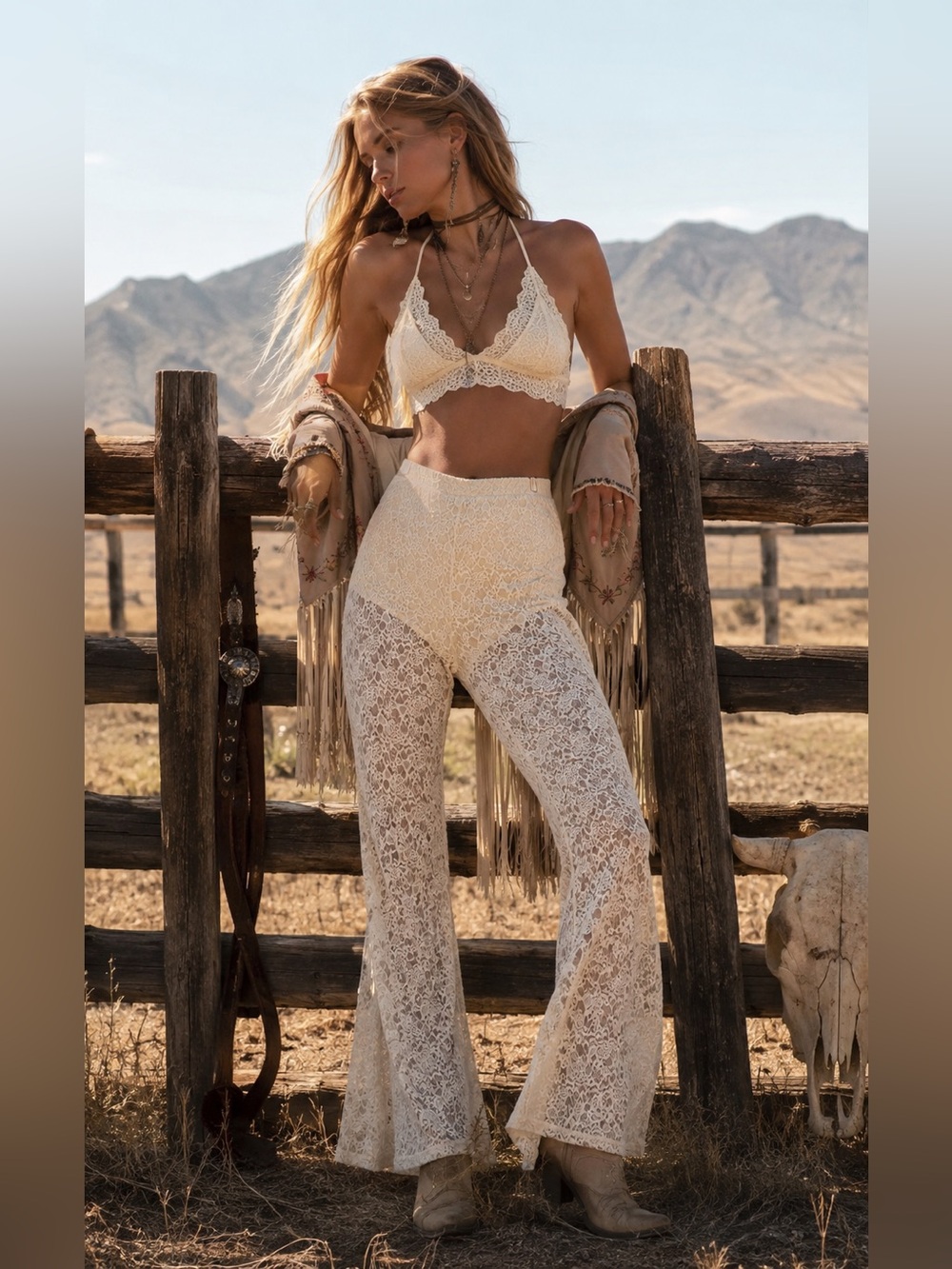 Altar’d State Cream Floral Lace Flare Pants Boho Western Style | XL | NWT